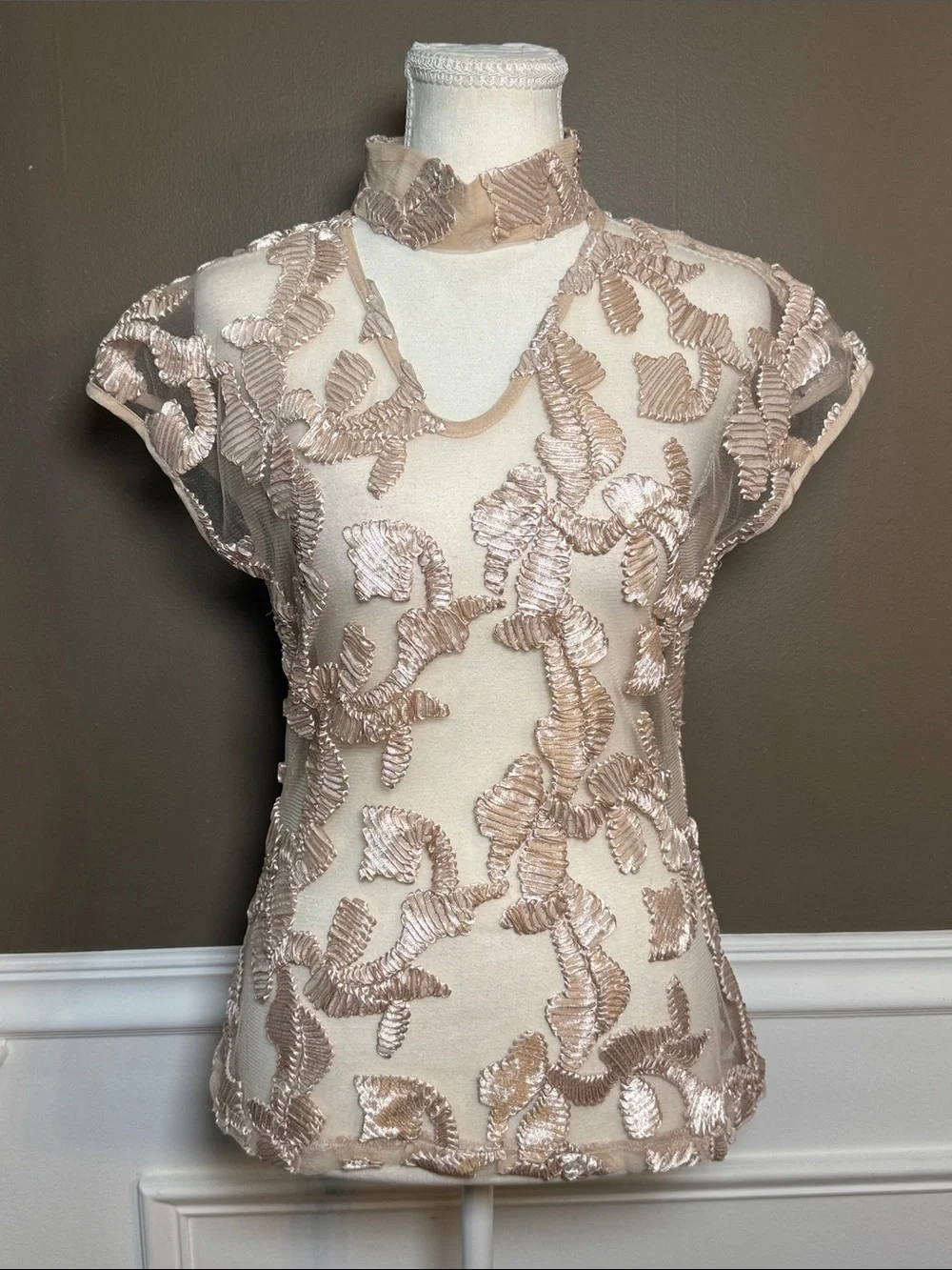 Gracia Sheer Mesh Appliqué Mock‎ Neck Top L Champagne Pink Romantic